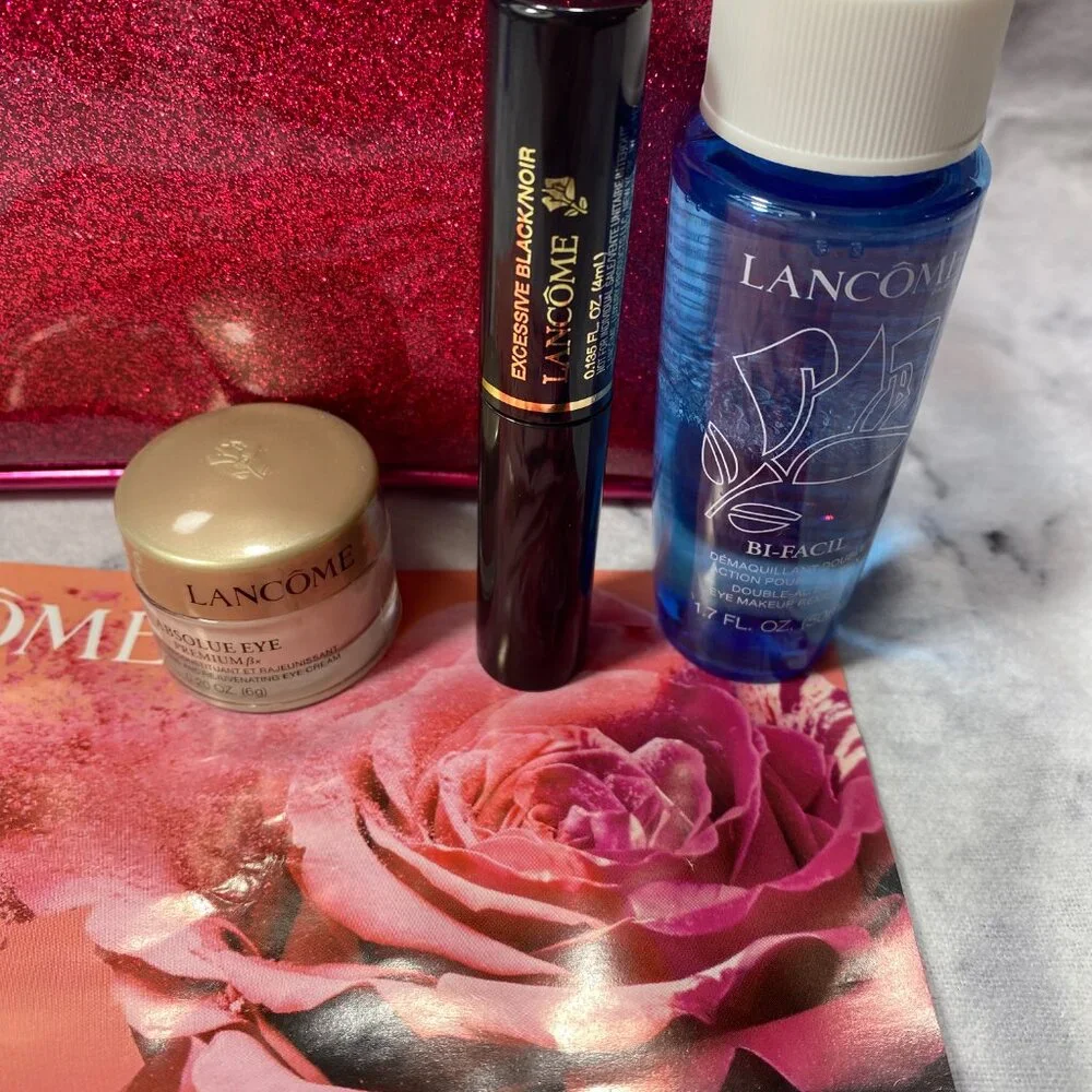 Lancome Beauty Gift Set-Sparkly Red Pouch,Eye Cream,Remover,Mascara-4pc-NEW